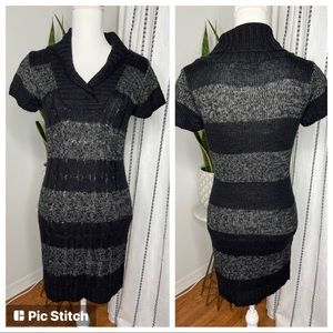 🌻Pink Rose Knit Black and Grey Striped Dress Sz M